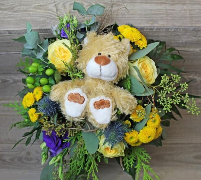 Yellow/purple bouquet with NICI Mielo Teddy